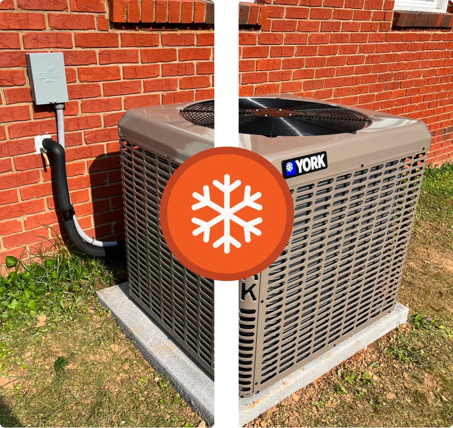 York air conditioning unit outside brick house.