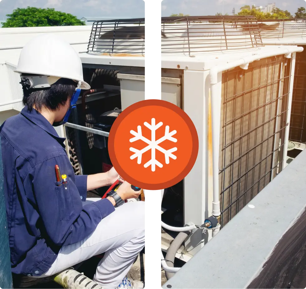 Technician servicing commercial HVAC unit