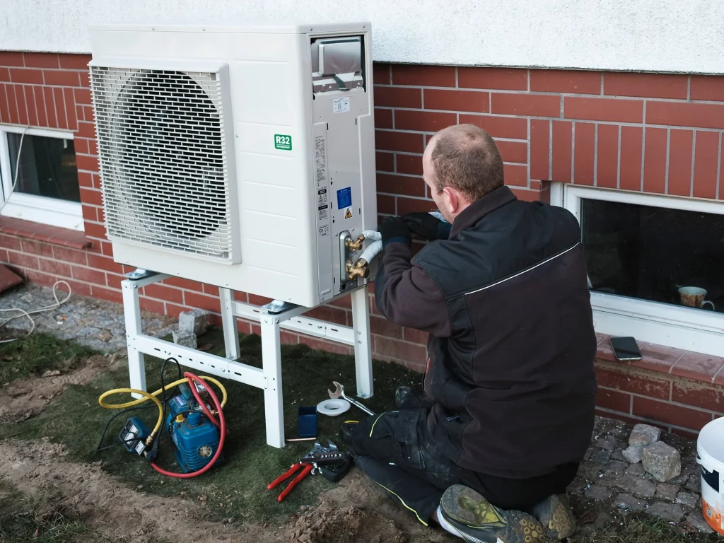 The installer installs the heat pump in a single-family home