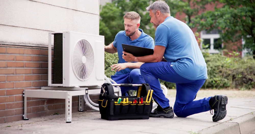 Technicians installing outdoor air conditioning unit